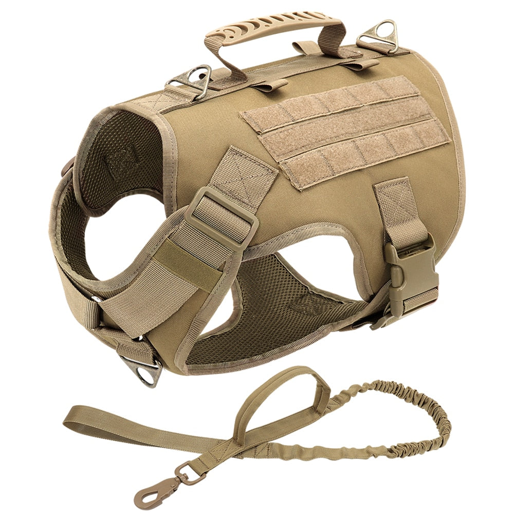 Harnais chien tactique avec poignée renforcée - Khaki avec laisse