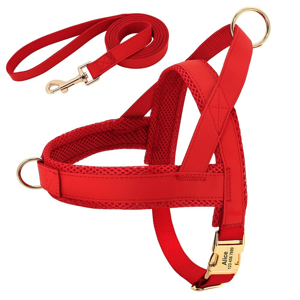 Harnais chien personnalisable en simili cuir - Rouge avec laisse
