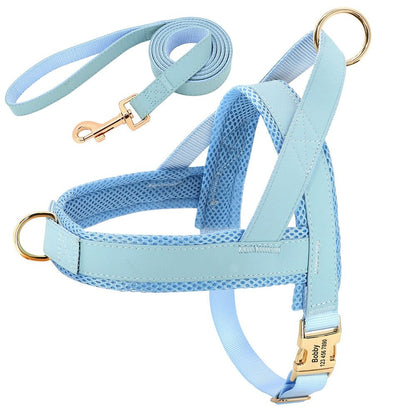 Harnais chien personnalisable en simili cuir - Bleu avec laisse