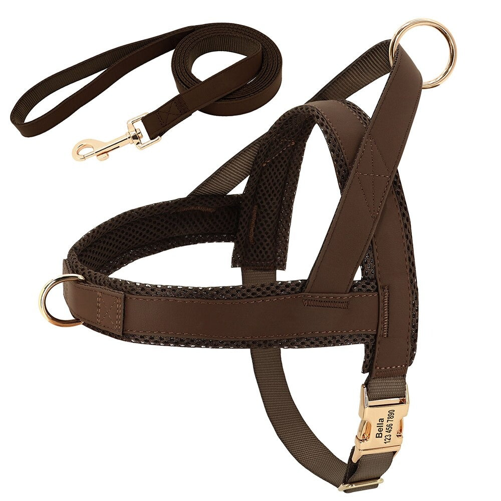 Harnais chien personnalisable en simili cuir - Marron avec laisse