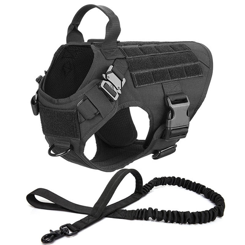 Harnais chien tactique en nylon anti-traction - Noir avec laisse