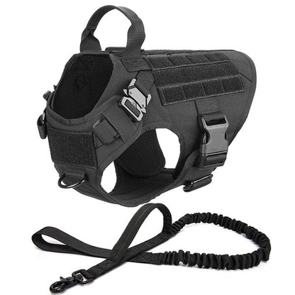 Harnais chien tactique en nylon anti-traction - Noir avec laisse