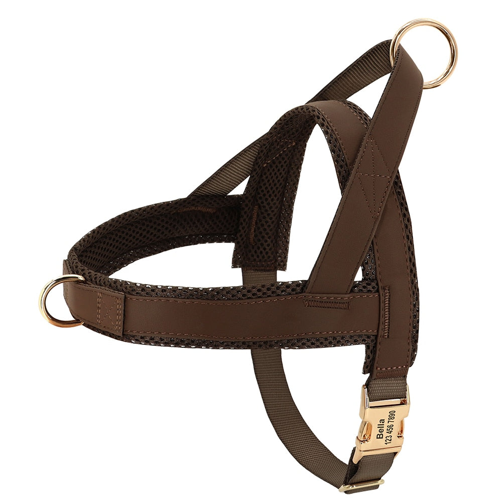 Harnais chien personnalisable en simili cuir - Marron
