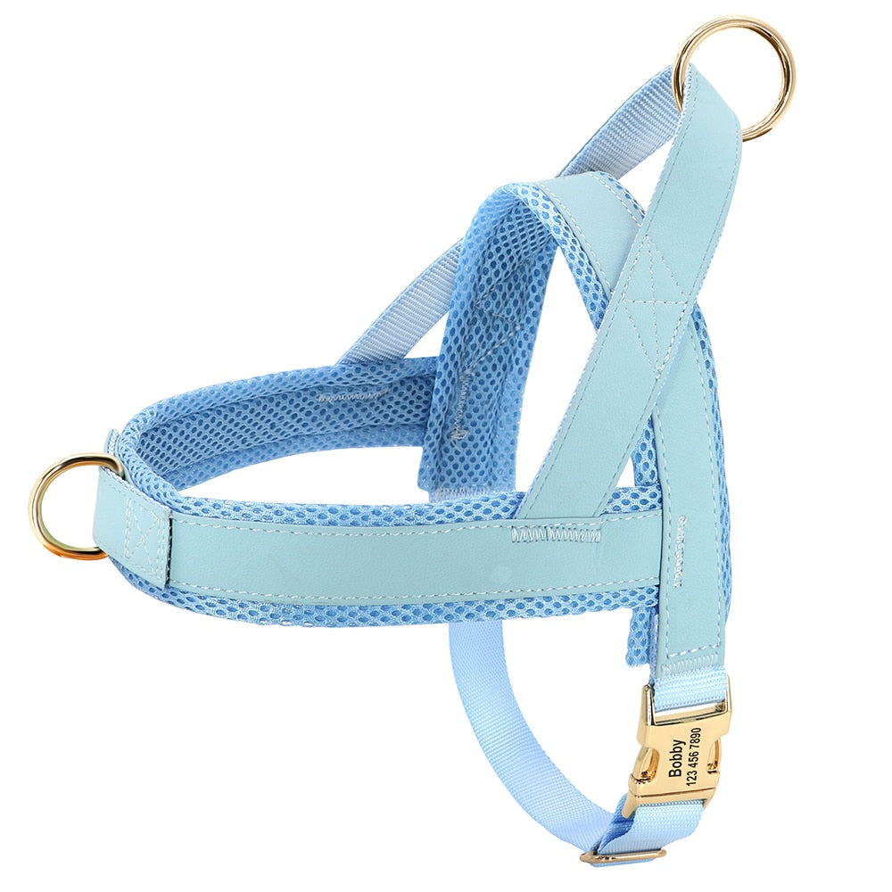 Harnais chien personnalisable en simili cuir - Bleu