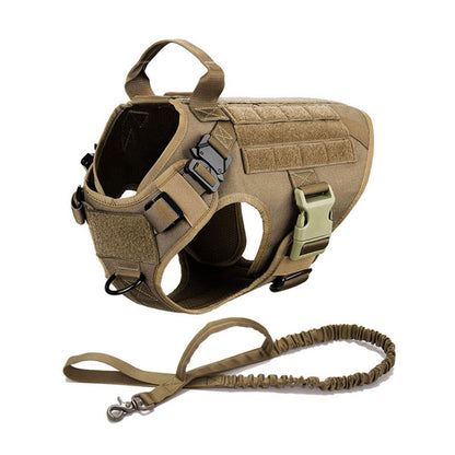 Harnais chien tactique en nylon anti-traction - Marron avec laisse