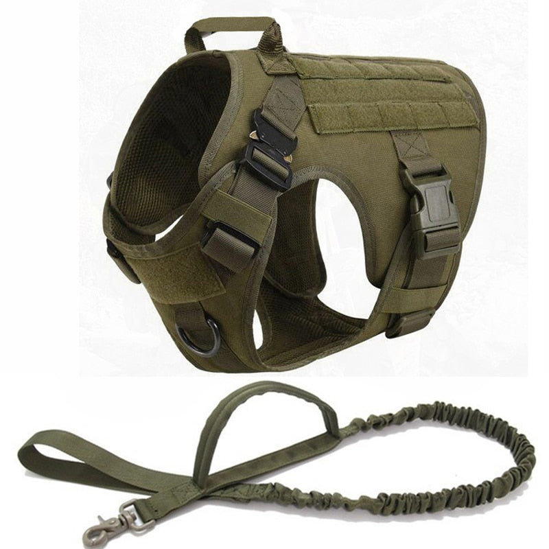 Harnais chien tactique en nylon anti-traction - Vert avec laisse