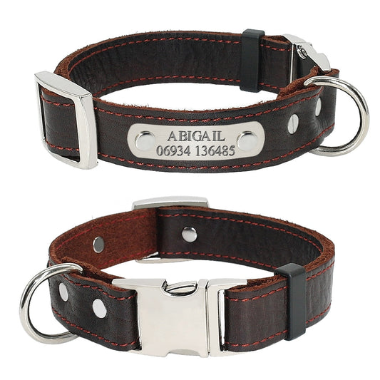 Collier pour chien en cuir marron avec plaque argentée personnalisable