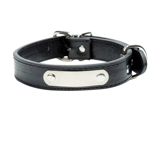 collier pour chien en cuir noir avec plaque gravée argentée