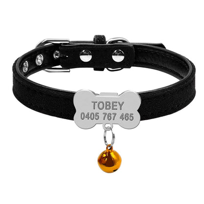 Collier noir en cuir PU pour petit chien avec plaque os et cloche