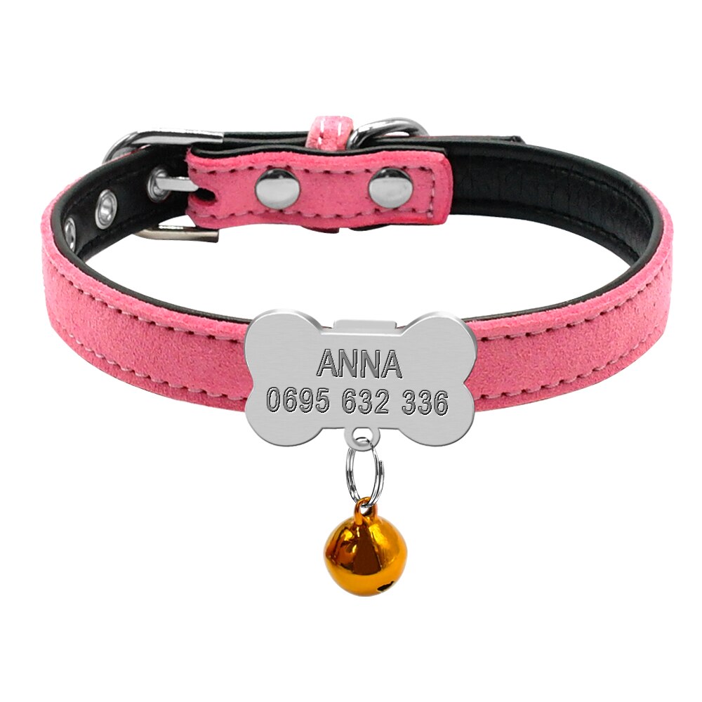 Collier rose en cuir PU pour petit chien avec plaque os et cloche