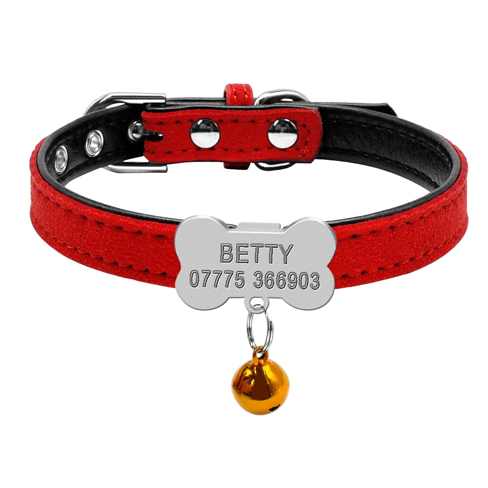 Collier rouge en cuir PU pour petit chien avec plaque os et cloche