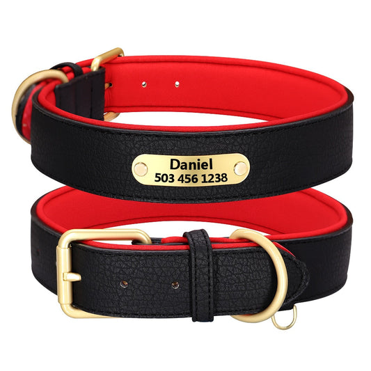 Collier de chasse noir et rouge gravé avec plaque dorée