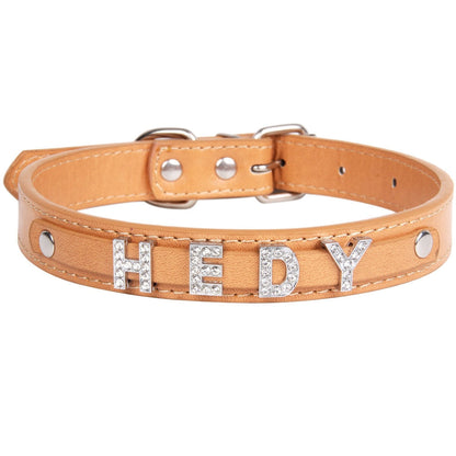 Collier personnalisé chien beige cuir PU lettres strass