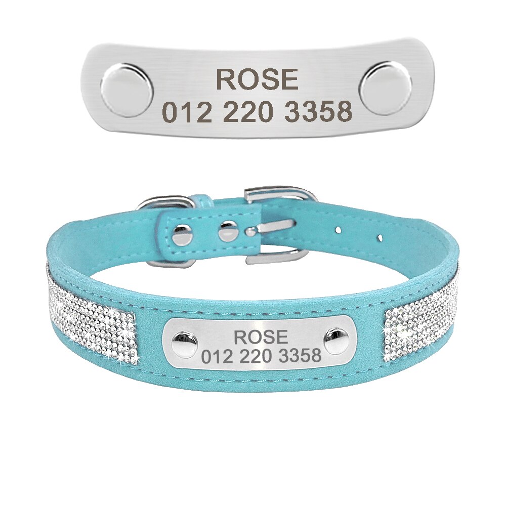 Collier pour chien bleu en cuir PU avec strass latéraux