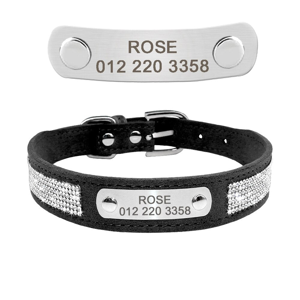 Collier pour chien noir avec plaque métal gravable et strass