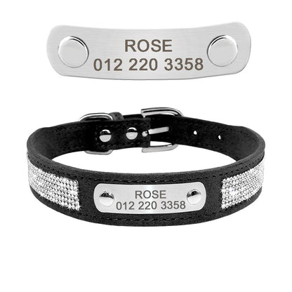 Collier pour chien noir avec plaque métal gravable et strass