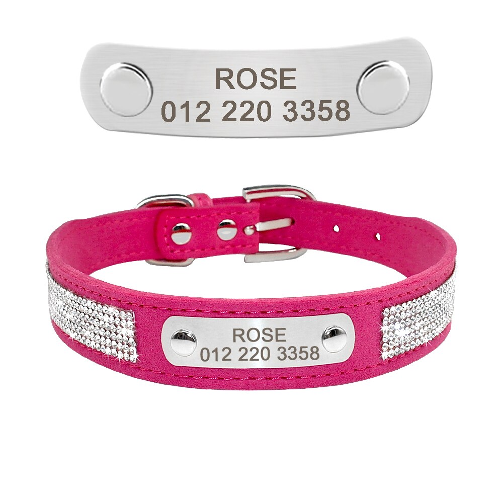 Collier pour chien rose avec strass brillants et plaque personnalisable