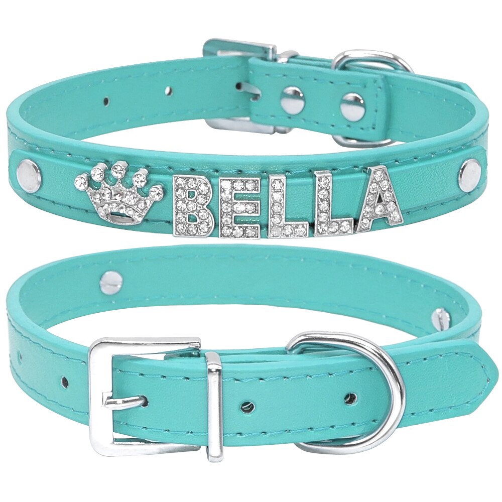Collier bleu clair pour chien avec nom en strass et couronne