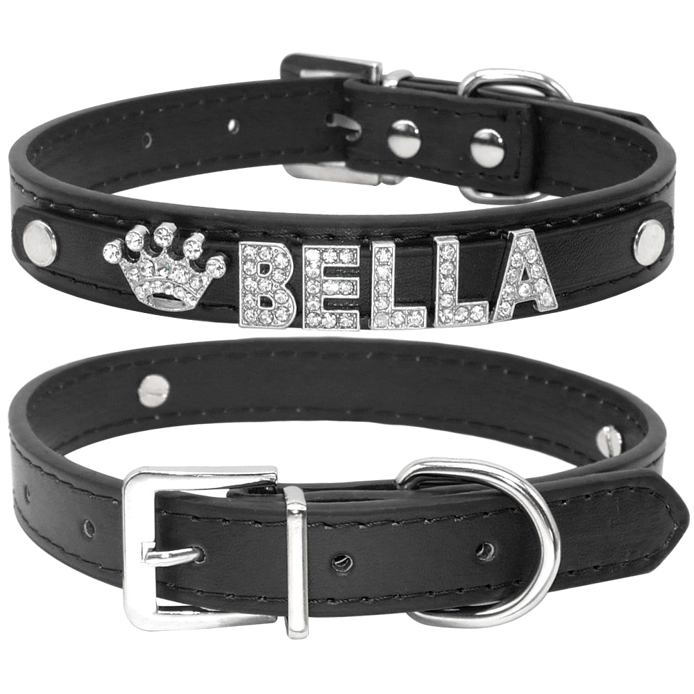 Collier personnalisé chien cuir PU strass couronne