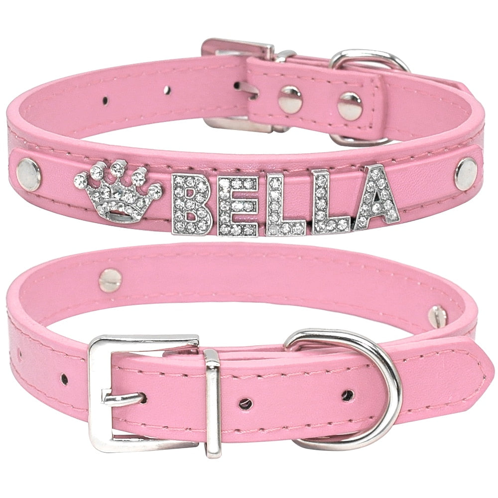 Collier personnalisé chien cuir PU strass couronne