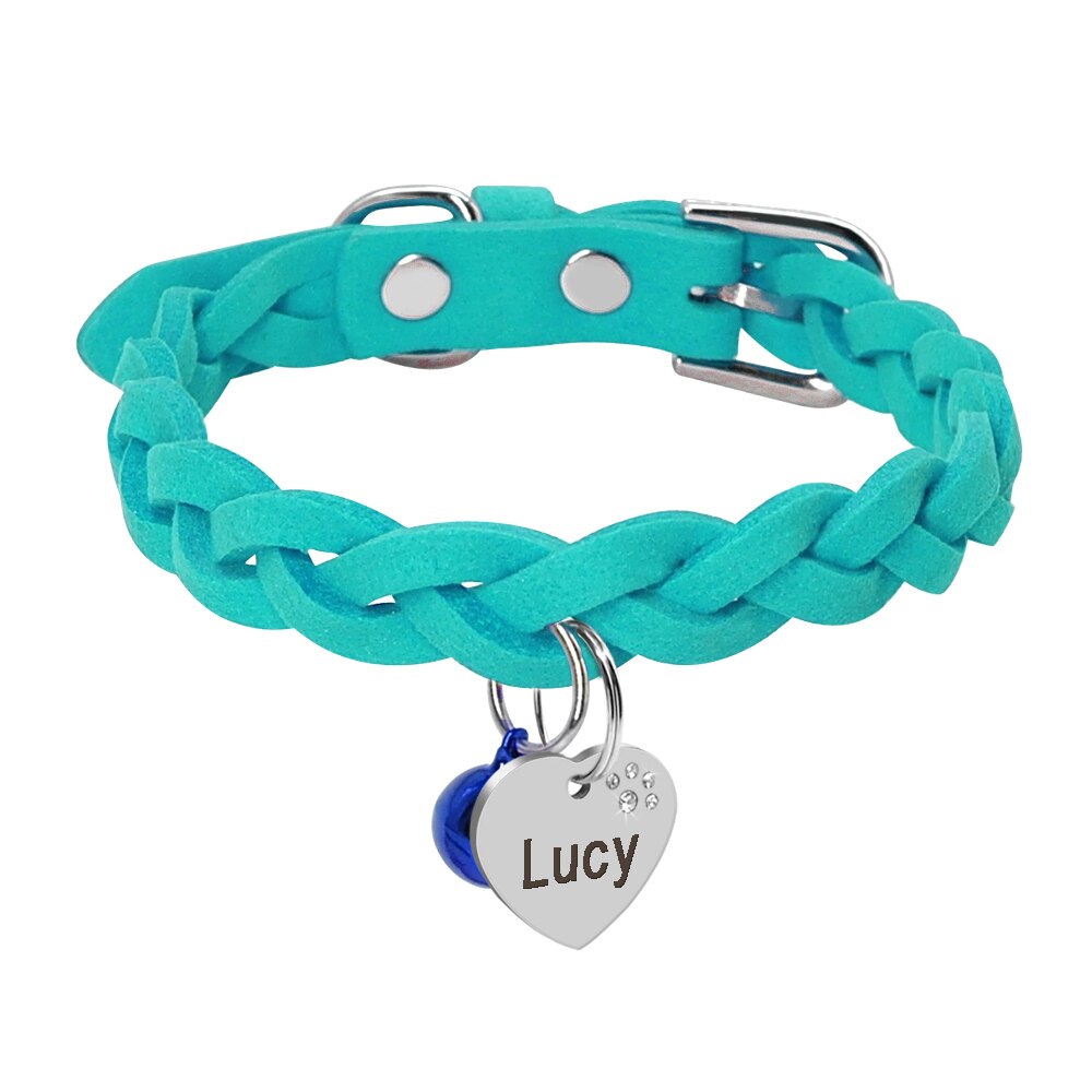 Collier tressé bleu turquoise pour chien avec médaille cœur personnalisable