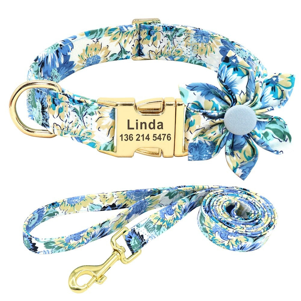 Ensemble laisse et collier bleu et blanc à motifs floraux pour chien