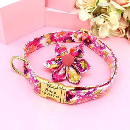 Collier personnalisé chien nylon fleuri boucle gravée