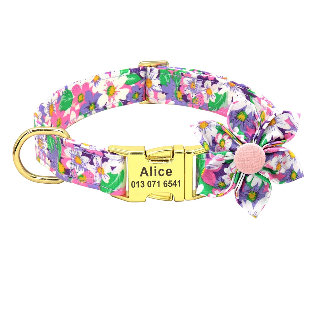 Collier personnalisé chien nylon fleuri boucle gravée