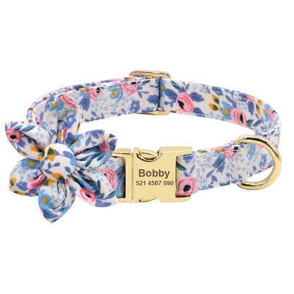 Collier pour chien bleu en nylon avec fleur et boucle dorée