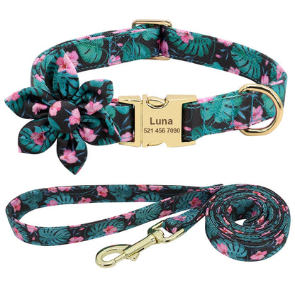 Ensemble laisse et collier vert pour chien en nylon fleuri