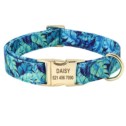 Collier pour chien bleu et vert à feuilles avec boucle dorée