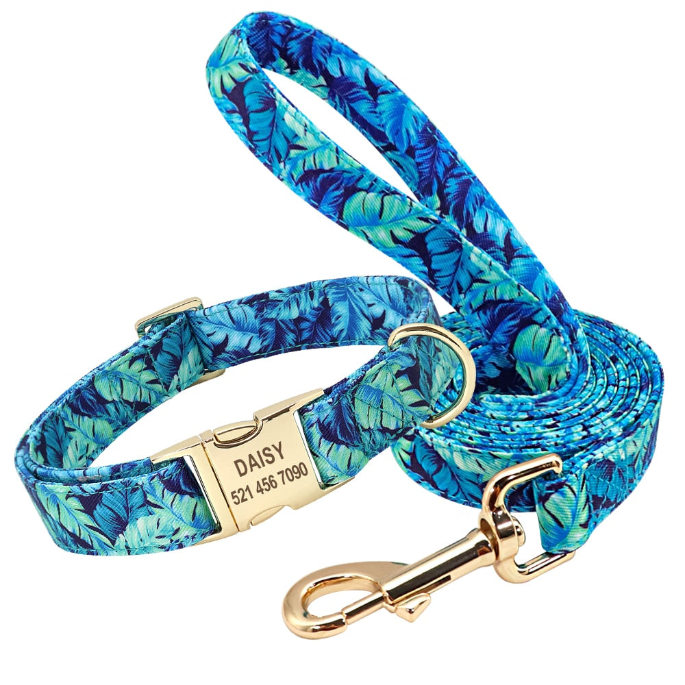 Laisse et collier pour chien bleu à feuilles avec boucle dorée