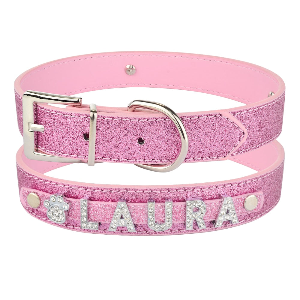 Collier personnalisé chien rose à strass en microfibre