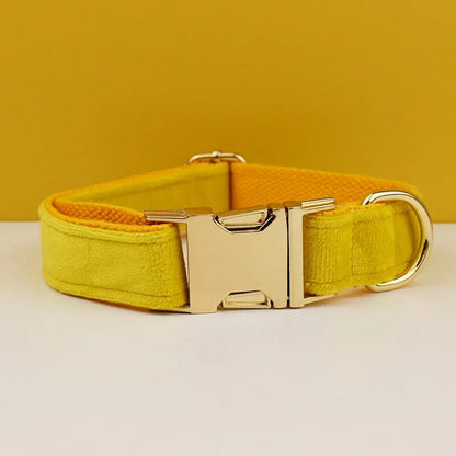 Collier pour chien en velours jaune réglable avec personnalisation gravée