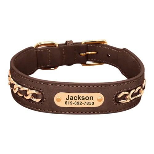 Collier personnalisé pour chien brun en cuir avec plaque gravée