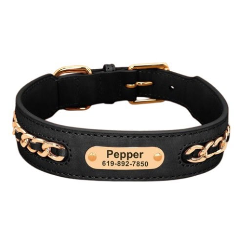 Collier personnalisé pour chien noir en cuir avec chaîne dorée