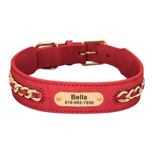 Collier personnalisé pour chien rouge en cuir avec détails dorés