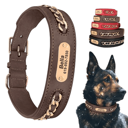 Collier personnalisé pour chien en cuir avec chaîne dorée et plaque gravée