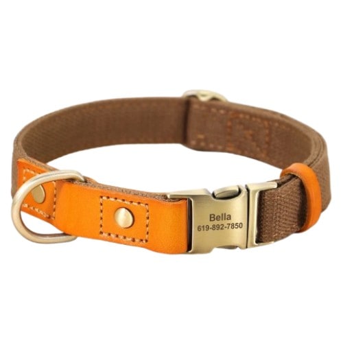 Collier personnalisé pour chien brun en cuir et nylon vue produit