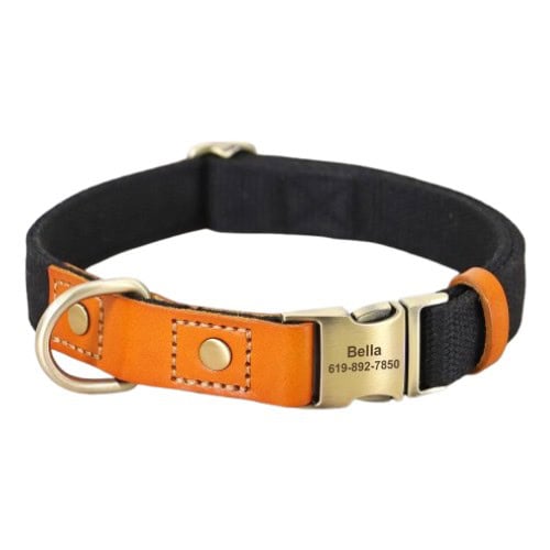 Collier personnalisé pour chien noir en cuir et nylon avec boucle