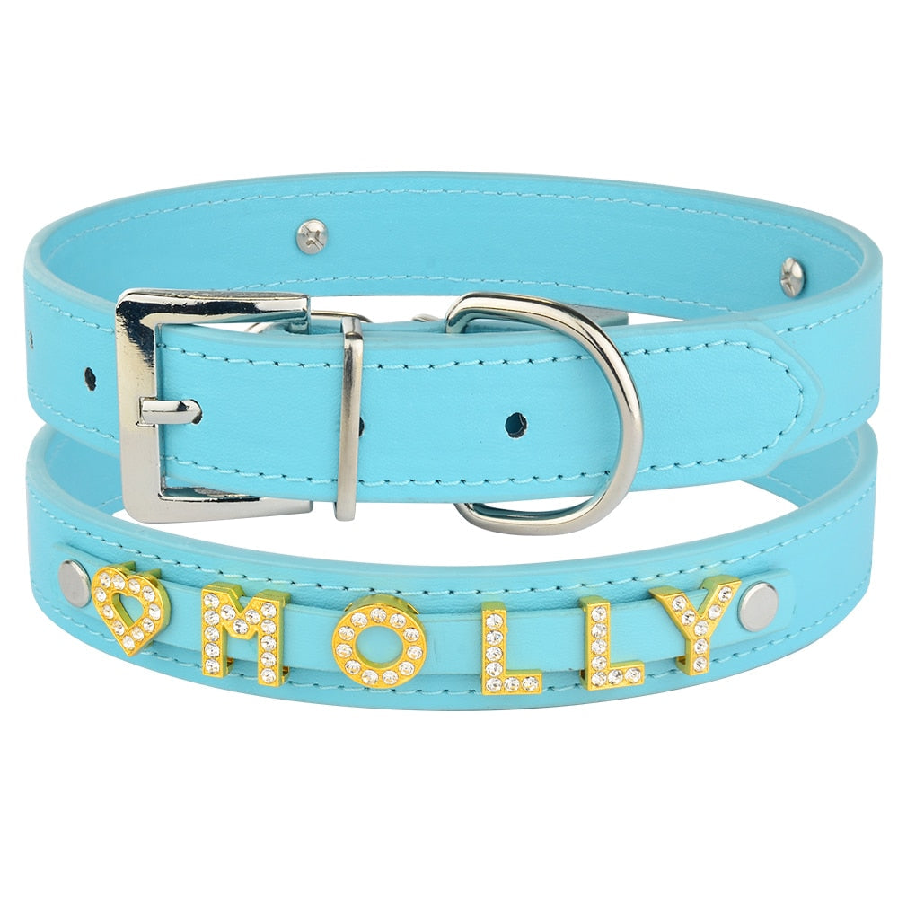 Collier chien personnalisé en cuir PU strass dorés