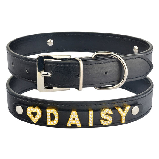 Collier pour chien noir en simili cuir avec lettres dorées strass