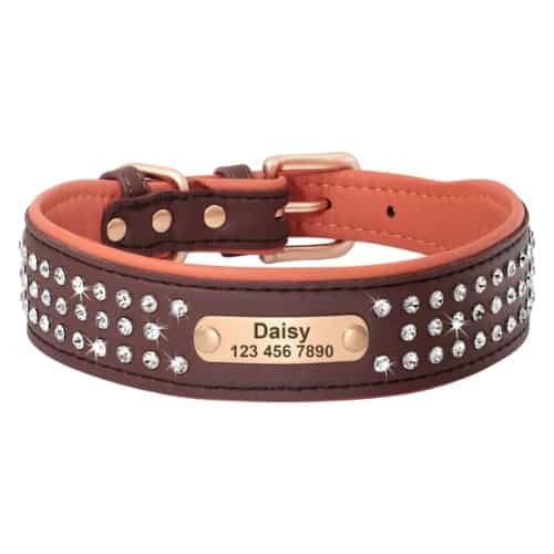 Collier personnalisé pour chien en cuir brun avec boucle et strass