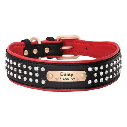 Collier personnalisé pour chien en cuir noir avec strass et gravure