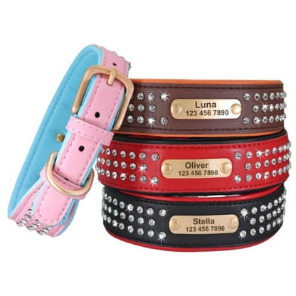 Vue avant du collier pour chien en cuir décoré de strass