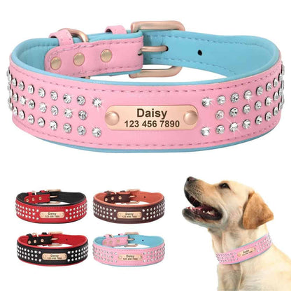 Collier personnalisé pour chien en cuir avec strass et plaque gravée