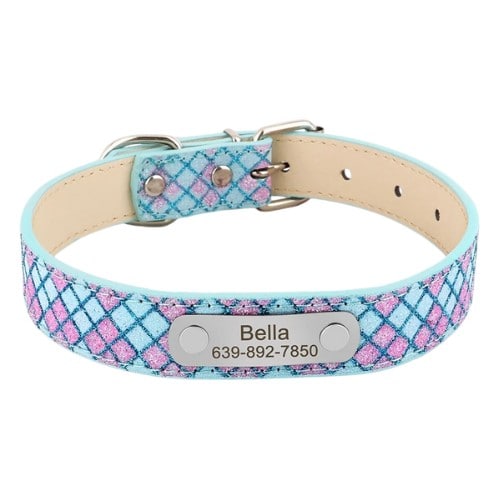 Collier personnalisé pour chien bleu en cuir avec plaque gravée