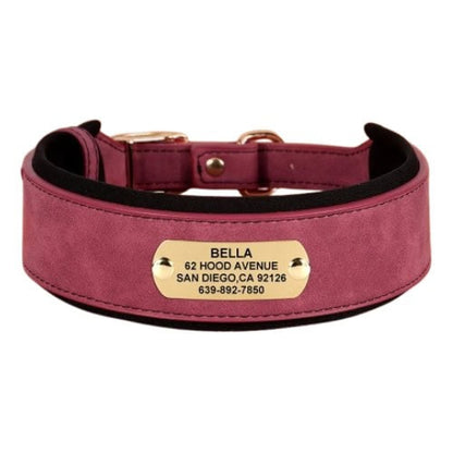 Collier personnalisé pour chien bordeaux en cuir avec plaque gravée