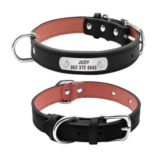 Collier personnalisé pour chien en cuir noir avec plaque gravée métallique