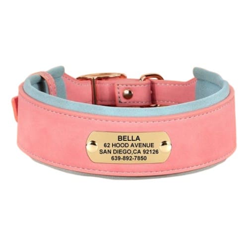 Collier personnalisé pour chien rose en cuir avec boucle dorée